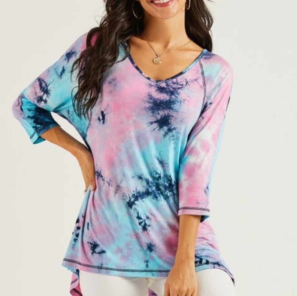 Suzanne Betro Hi-Lo Boho Tie Dye Jersey Tee Shirt